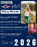West Central High School Senior Spotlight for Khloey Mowder, Class of 2026. Khloey is pictured by the water in a lace top and distressed jeans, alongside an inset photo of her as a toddler. Text highlights her favorite class, Global Foods, and her plans t